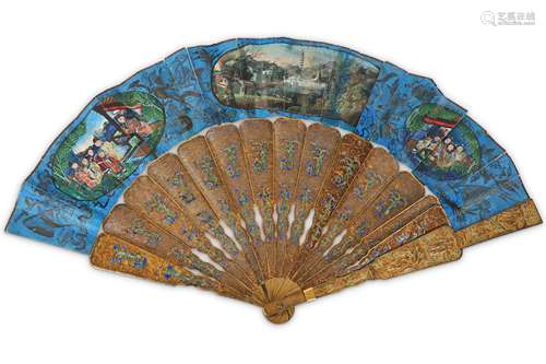 A CHINESE CANTON GILT METAL FILIGREE AND ENAMEL FAN.