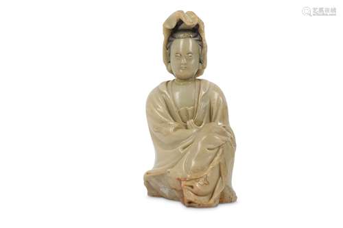 A CHINESE SOAPSTONE FIGURE OF GUANYIN.