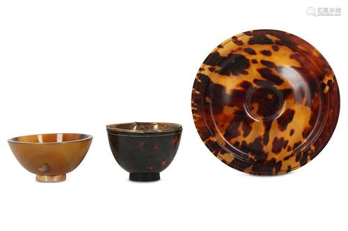 A CHINESE TORTOISE SHELL CUP AND STAND.