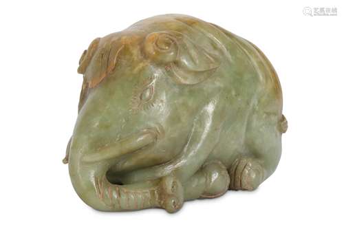 A CHINESE CELADON JADE 'ELEPHANT' CARVING.