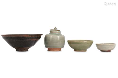 THREE CHINESE CELADON PIECES AND A JIAN-STYLE TEA BOWL.