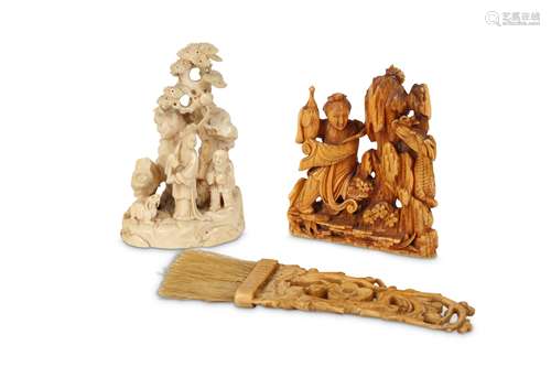 TWO CHINESE IVORY CARVINGS AND AN IVORY BRUSH.