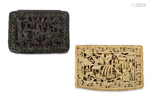 A CHINESE CANTON TORTOISE SHELL BOX AND AN IVORY BOX.