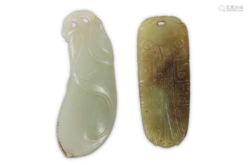 A CHINESE YELLOW JADE CICADA PENDANT AND A PALE CELADON JADE PENDANT.