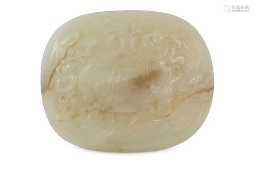 A CHINESE PALE CELADON JADE OVAL ‘ELEPHANT’ PLAQUE.