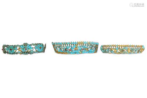 THREE CHINESE KINGFISHER FEATHER RUBY-INLAID TIARAS.