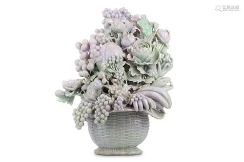 A MASSIVE CHINESE LAVENDER JADEITE FRUIT AND FLOWER BASKET.