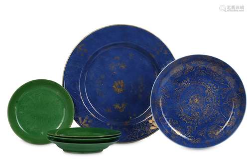 TWO CHINESE POWDER BLUE DISHES AND FOUR GREEN-GLAZED DISHES.