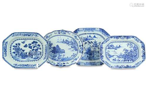 FOUR CHINESE BLUE AND WHITE TUREEN STANDS AND MEAT DISHES.