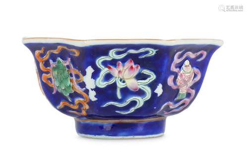 A CHINESE FAMILLE ROSE 'BAJIXIANG’ BLUE-GROUND OCTAGONAL BOWL.