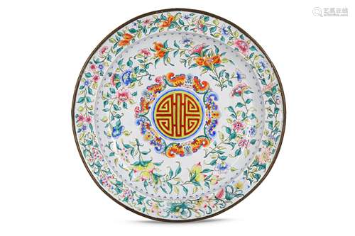 A CHINESE FAMILLE ROSE CANTON ENAMEL ‘LONGEVITY’ DISH.