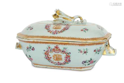 A CHINESE FAMILLE ROSE MONOGRAMMED SAUCE TUREEN AND COVER.