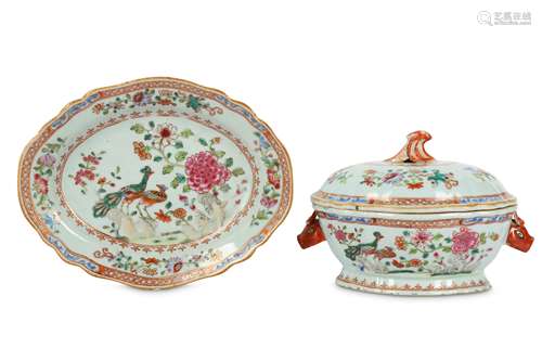 A CHINESE FAMILLE ROSE ‘DOUBLE PEACOCK’ SAUCE TUREEN, A COVER AND STAND.