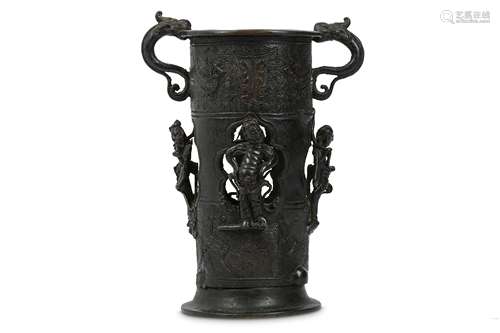 A CHINESE BRONZE RETICULATED JOSS STICK HOLDER.