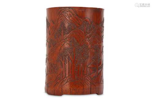 A CHINESE BAMBOO LIUQING 'LANDSCAPE' BRUSH POT, BITONG.