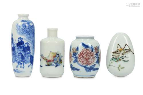 THREE CHINESE PORCELAIN SNUFF BOTTLES AND A MINIATURE JAR.