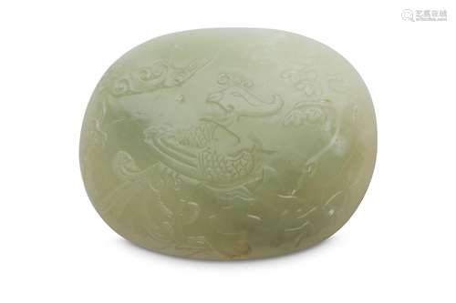 A CHINESE PALE CELADON JADE OVAL 'PHOENIX' PLAQUE.