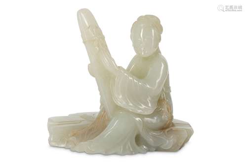 A PALE CELADON JADE CARVING OF A LADY WITH A QIN.