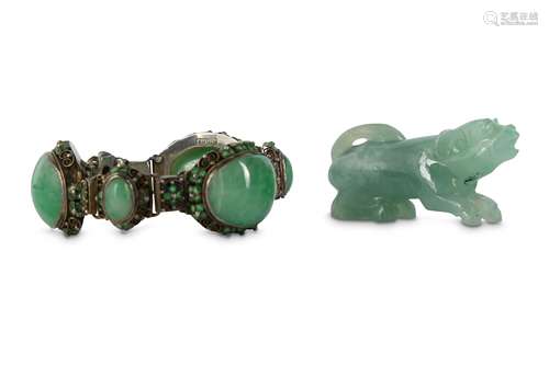 A CHINESE JADEITE 'DOG' CARVING AND A JADEITE-INSET BRACELET.