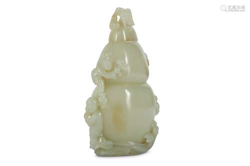 A CHINESE CARVED JADE DOUBLE GOURD 'BOYS' VASE AND COVER.