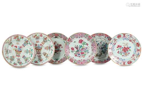 SIX CHINESE FAMILLE ROSE PLATES.