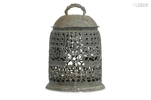 A CHINESE BRONZE RETICULATED LANTERN WITH BASE.