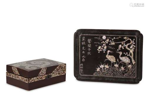 A KOREAN MOTHER OF PEARL HINGED BOX AND A WOOD TRAY.