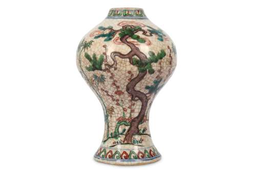 A CHINESE FAMILLE VERTE ‘THREE FRIENDS OF WINTER’ BALUSTER VASE.