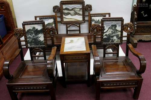 Lot of 4 Chinese Rose Wood & Marble Parlor Suite