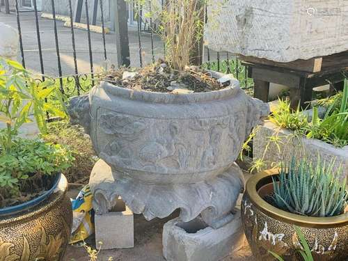 Large Qing Dynasty Chinese Carved Stone Flower Pot