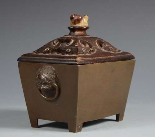 A Bronze Incense Burner W/ Lion Head  Handles