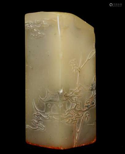 Shoushan Stone Carved Seal Engraved W/ Landscape