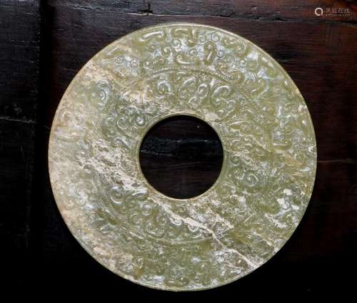 A Green Jade Disc Incised W/ C-Scrolls