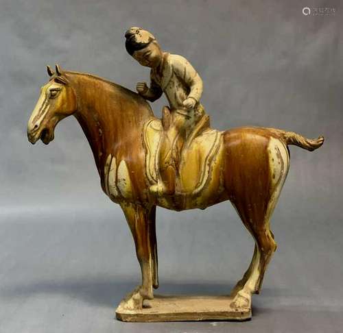 A Tang Dynasty Sancai glazed Lady riding a Horse