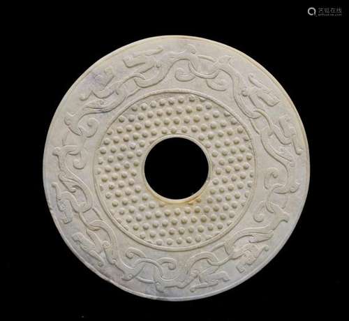 Han Dynasty Calcified Jade Disc, Carved W/ Dragons