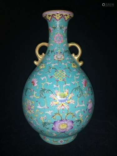 Qianlong Chinese Blue Glazed Fencai Porcelain Vase