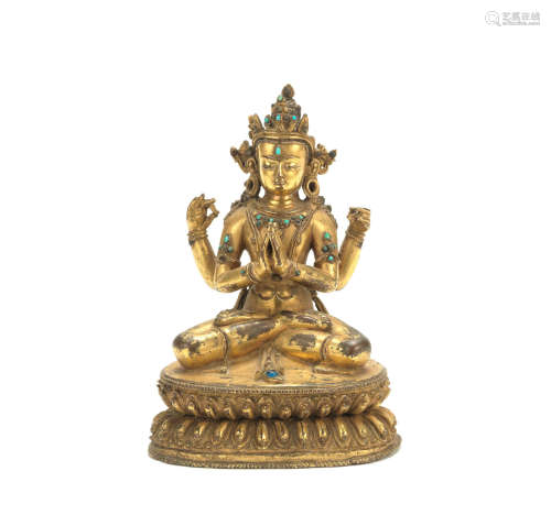 Tibet, 15th/16th century A gilt copper-alloy figure of Avalokiteshvara Chaturbhuja