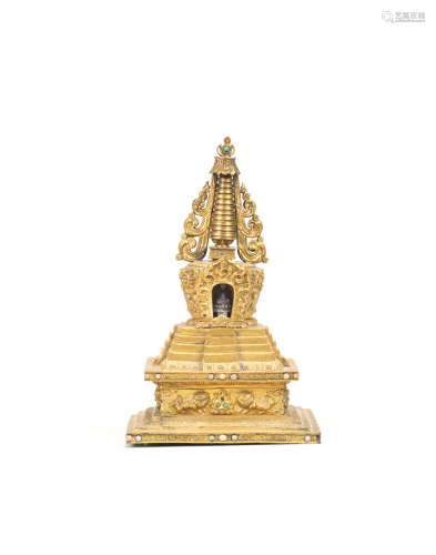 Tibet, 18th/19th century A repoussé gilt-bronze stupa