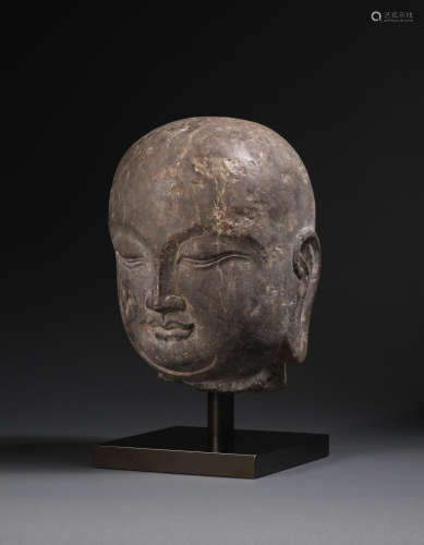 Tang Dynasty A rare carved black limestone head of a luohan