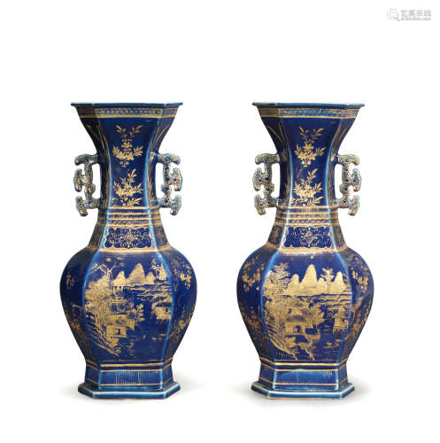 Kangxi A pair of gilt-decorated powder-blue glazed baluster vases