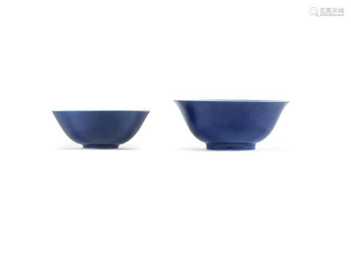 Qianlong seal marks and of the period  Two blue-glazed bowls