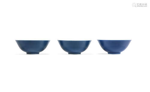 Tongzhi six-character marks and of the period three blue-glazed bowls