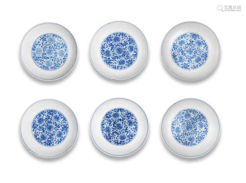 Yongzheng six-character marks and of the period A set of six rare blue and white 'peony' saucer-dishes