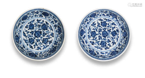 Yongzheng six character marks and of the period  A rare pair of Ming-style blue and white saucer-dishes
