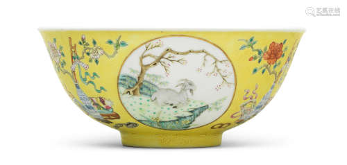Guangxu six-character mark and of the period A famille rose and underglaze blue yellow-ground 'three rams' medallion bowl