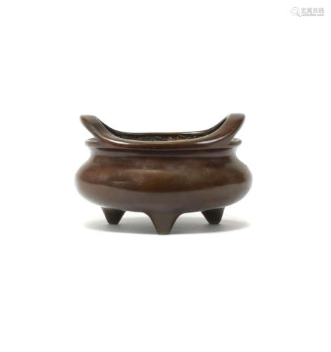 Xuande six-character mark, 18th century  A bronze tripod incense burner, ding