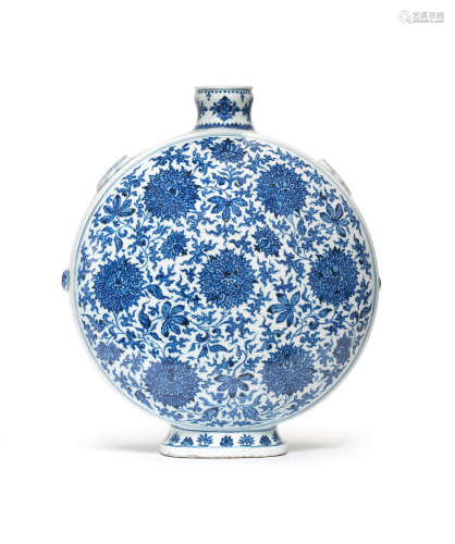 18th century A rare and large blue and white 'peony' moonflask, bianhu