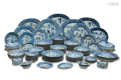 Qianlong, circa 1740 A rare and extensive blue and white 'Romance of the Western Chamber' dinner-service