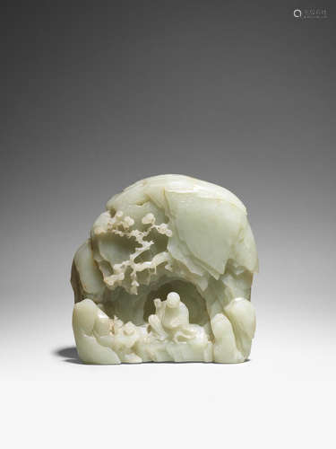 Qianlong A rare very pale green jade inscribed 'luohans Kalika and Angaja' boulder