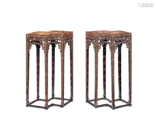 18th century A rare pair of black lacquer gilt-decorated double-lozenge stands
